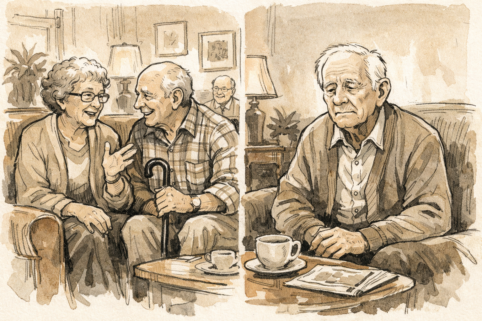 Hand-drawn illustration for Hazelwood showing elderly residents in a lounge—one engaged in conversation while another sits apart, emphasizing hearing clarity and social connection.