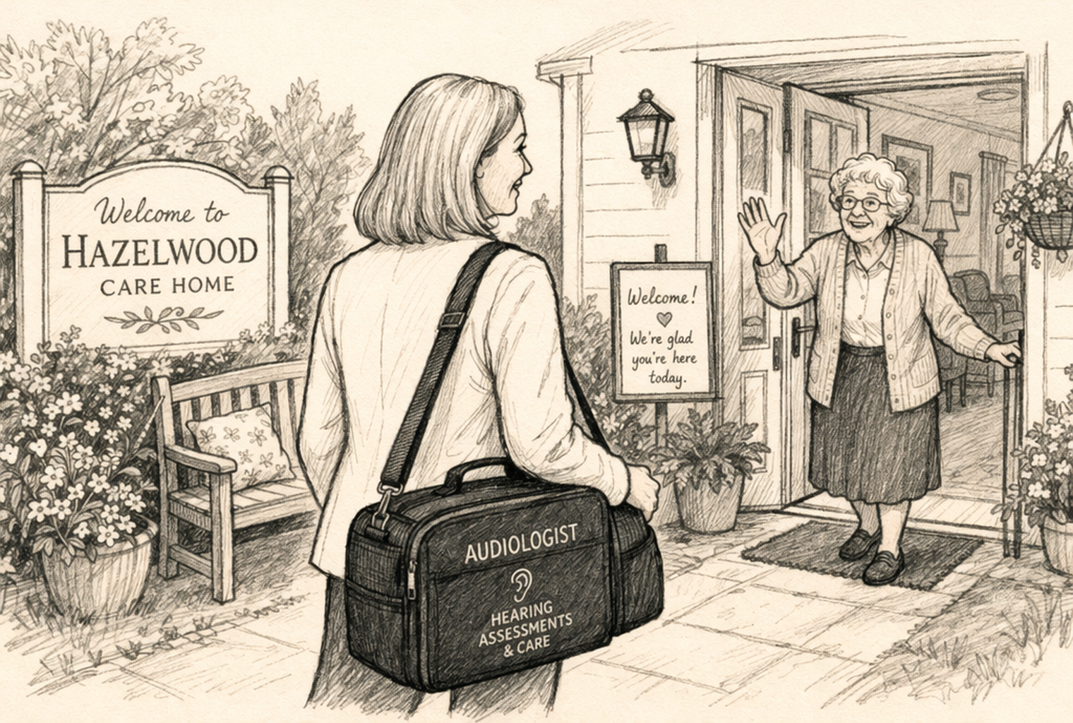 Hand-sketched illustration of an audiologist arriving at a care home with equipment, showing a welcoming and professional visit.