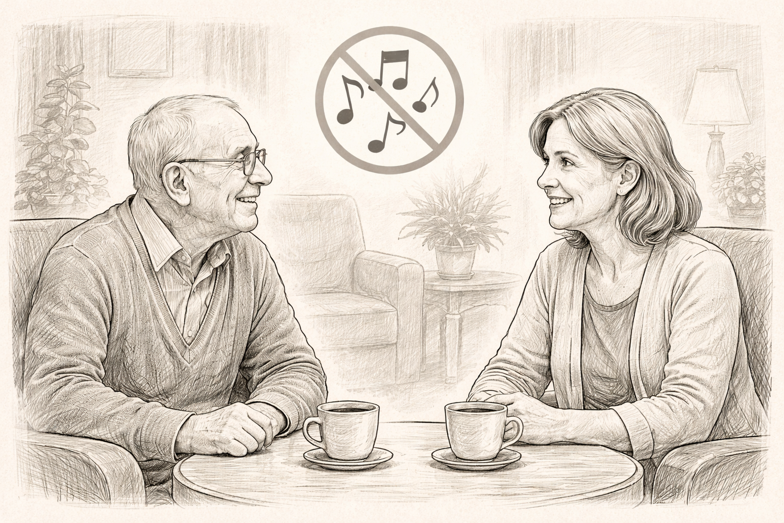 Hand-drawn illustration of two people talking face-to-face in a quiet room, showing clear communication and reduced background noise.