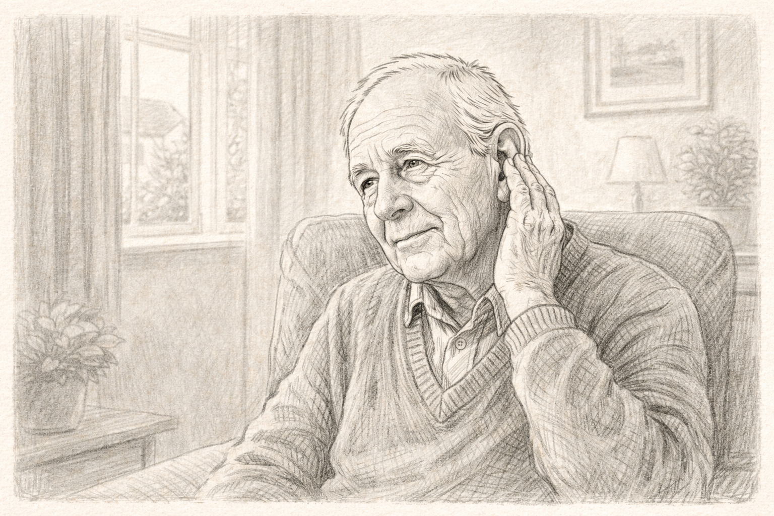 Hand-drawn illustration of an elderly person in a quiet living room touching their ear, showing thoughtful awareness of hearing.