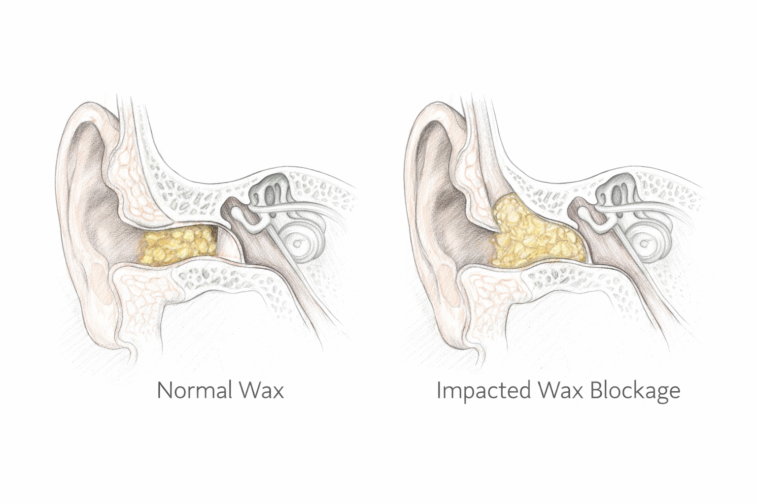 Hand-drawn ear diagram comparing normal wax and impacted blockage