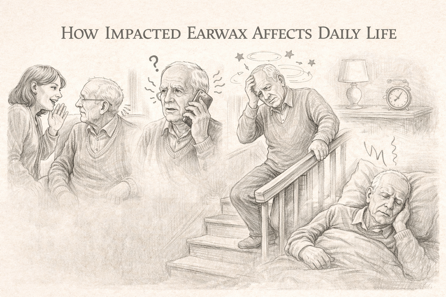 Hand-drawn illustration showing how impacted earwax affects daily life, including hearing difficulty, confusion, and disrupted sleep.
