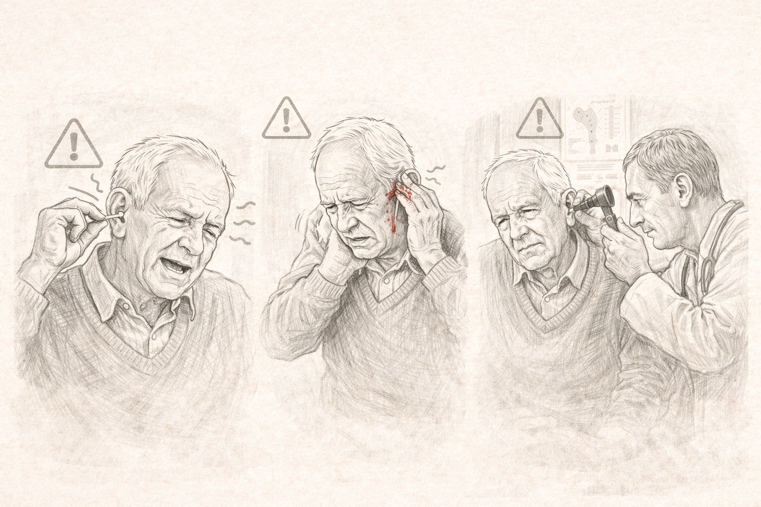 Hand-drawn illustration showing risks of DIY earwax removal, including pain, injury, and need for professional care.