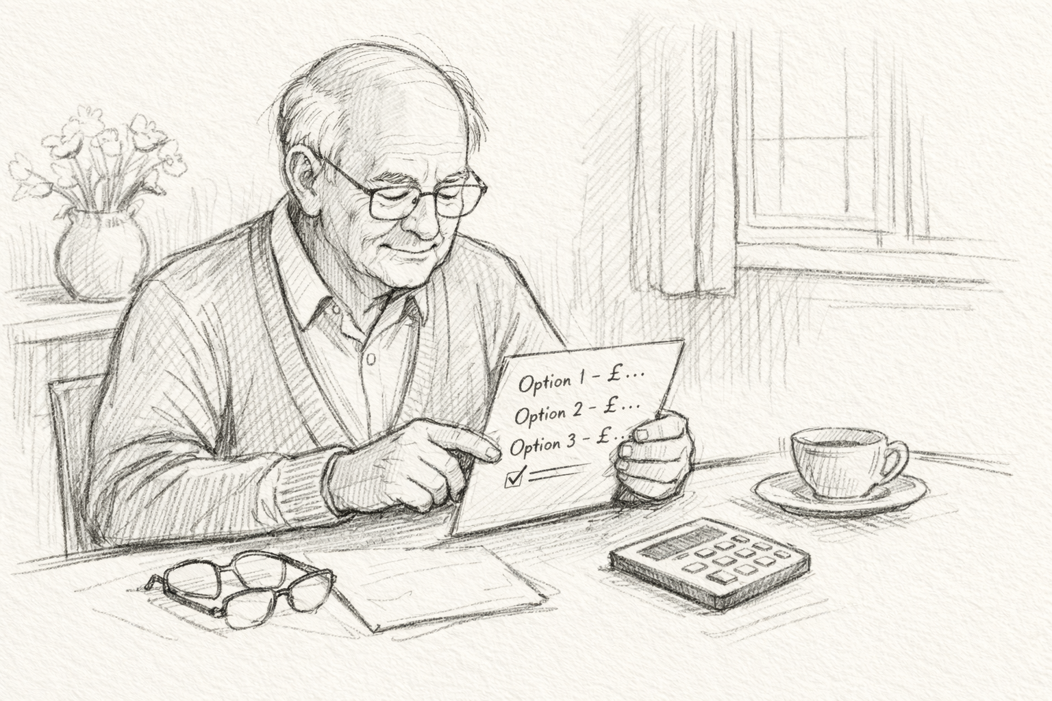 Elderly man calmly reviewing pricing notes at a table in a softly lit room, drawn in a gentle pencil sketch style.