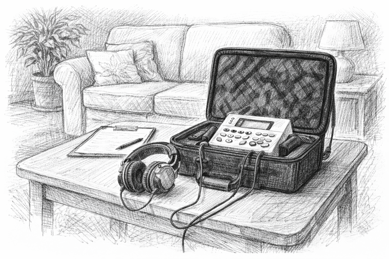 Hand-drawn sketch of a portable hearing test setup on a living room table, with headphones and audiometer neatly arranged in a calm, organised home setting.