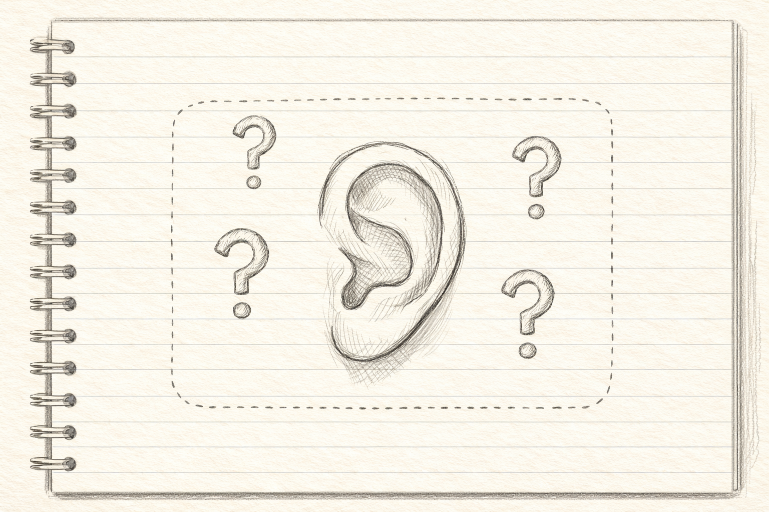 Hand-drawn horizontal notebook page with an ear sketch and neatly arranged question marks in a clean, educational style.
