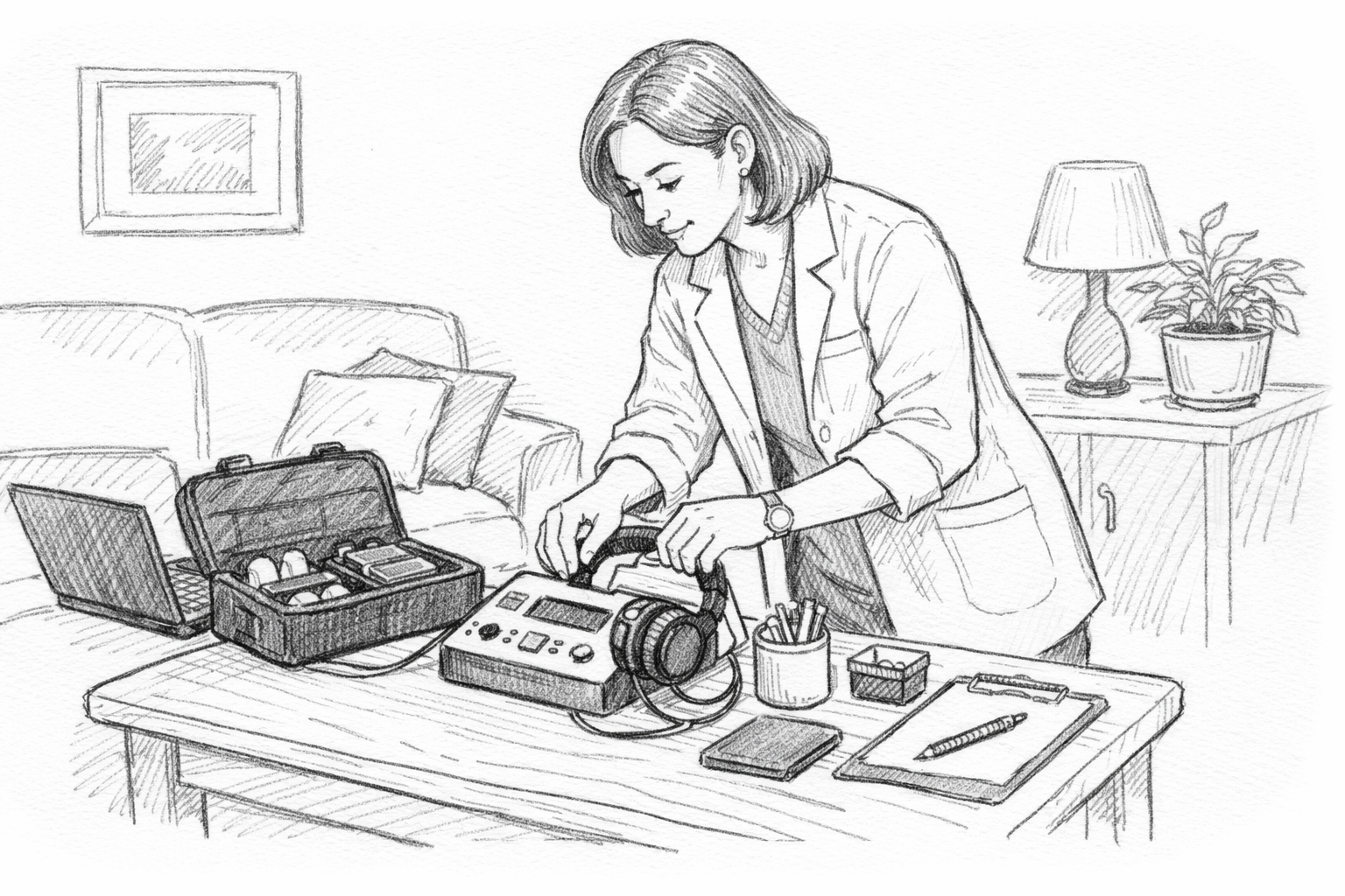 Audiologist setting up portable hearing equipment on a small table in a calm home setting.