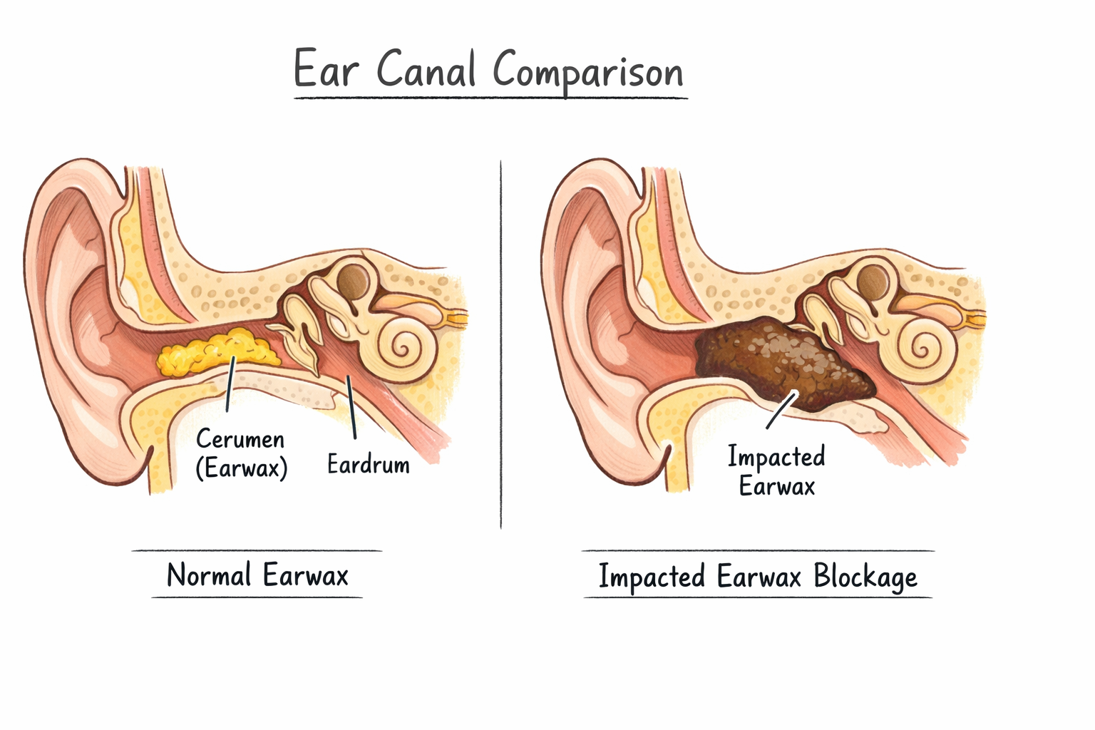 Simple diagram comparing a normal ear canal and one blocked by earwax.