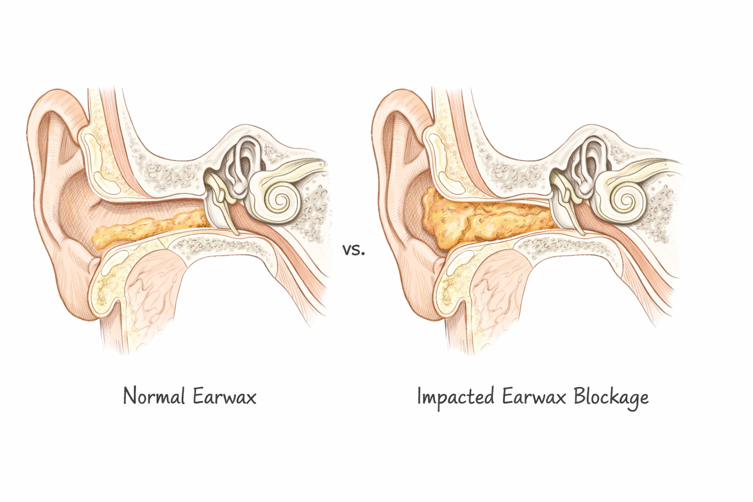 Side-by-side diagram of normal earwax vs impacted earwax blocking the ear canal.