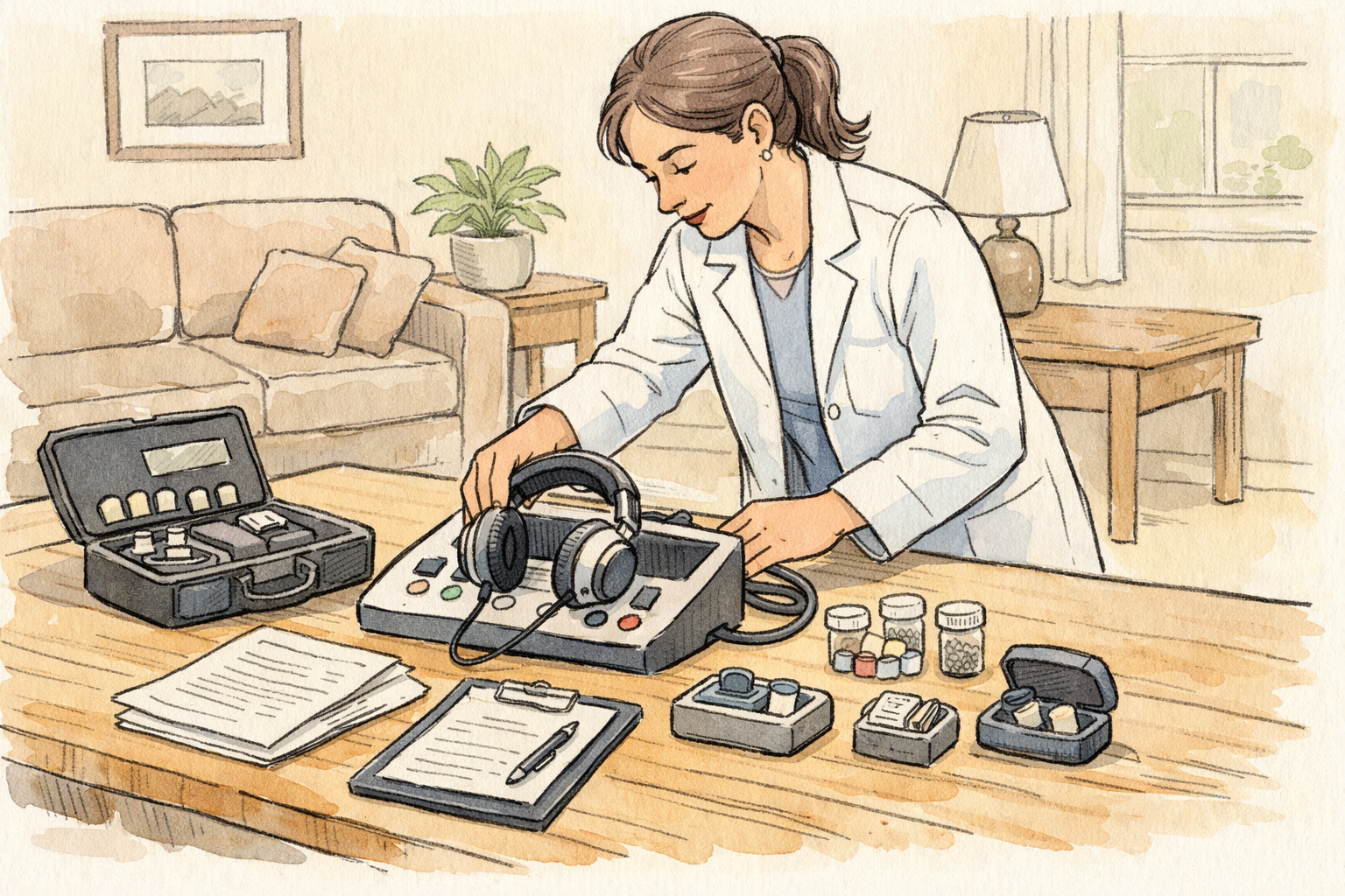 Audiologist neatly setting up portable hearing test equipment on a table in a calm home setting.