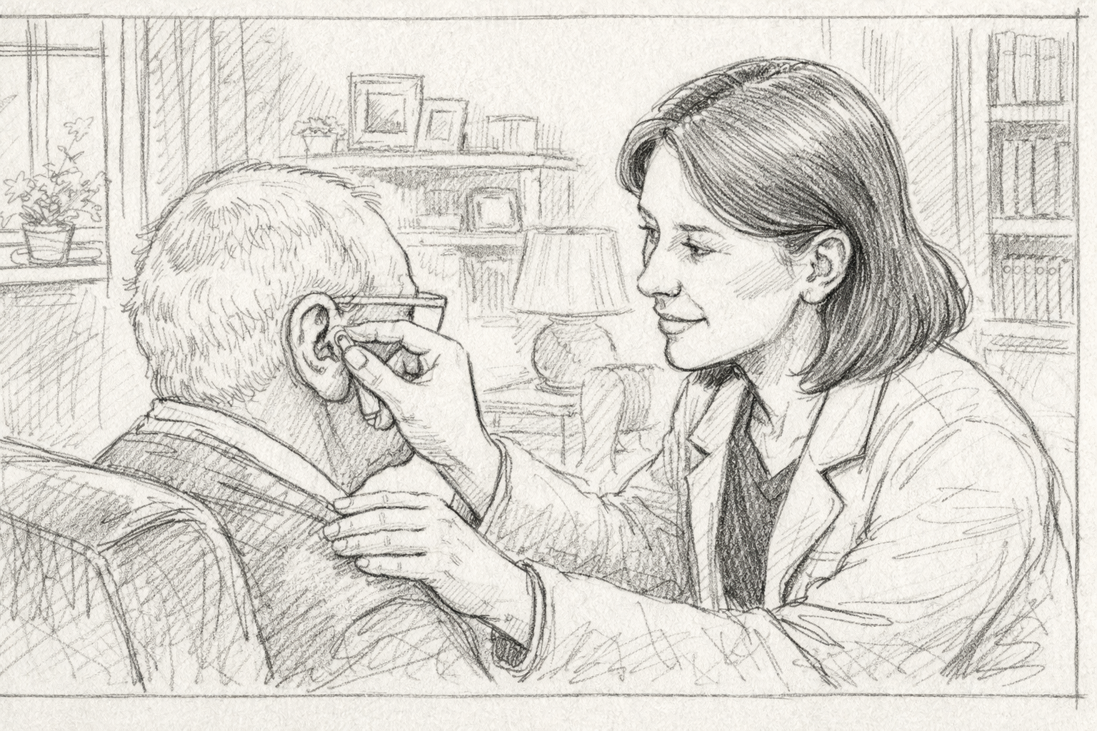 Hand-drawn sketch of an audiologist gently fitting a hearing aid for an elderly person at home.