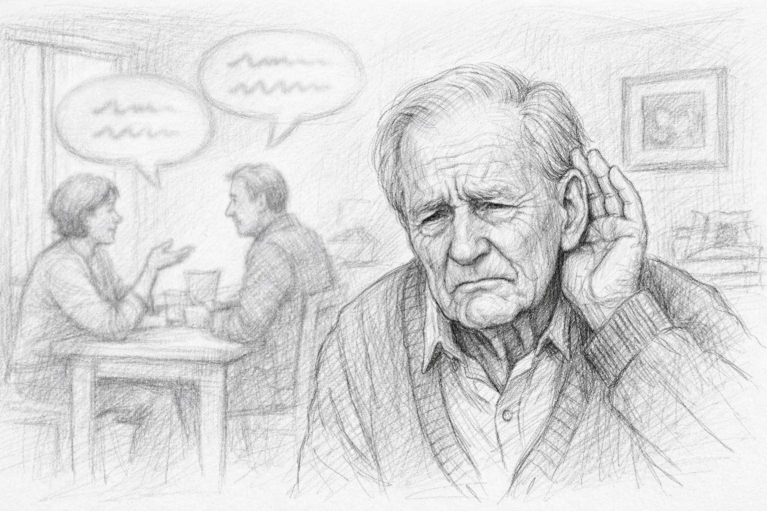 Pencil sketch of an audiologist conducting a home hearing test for an elderly man, with a supportive family member nearby in a softly lit living room.