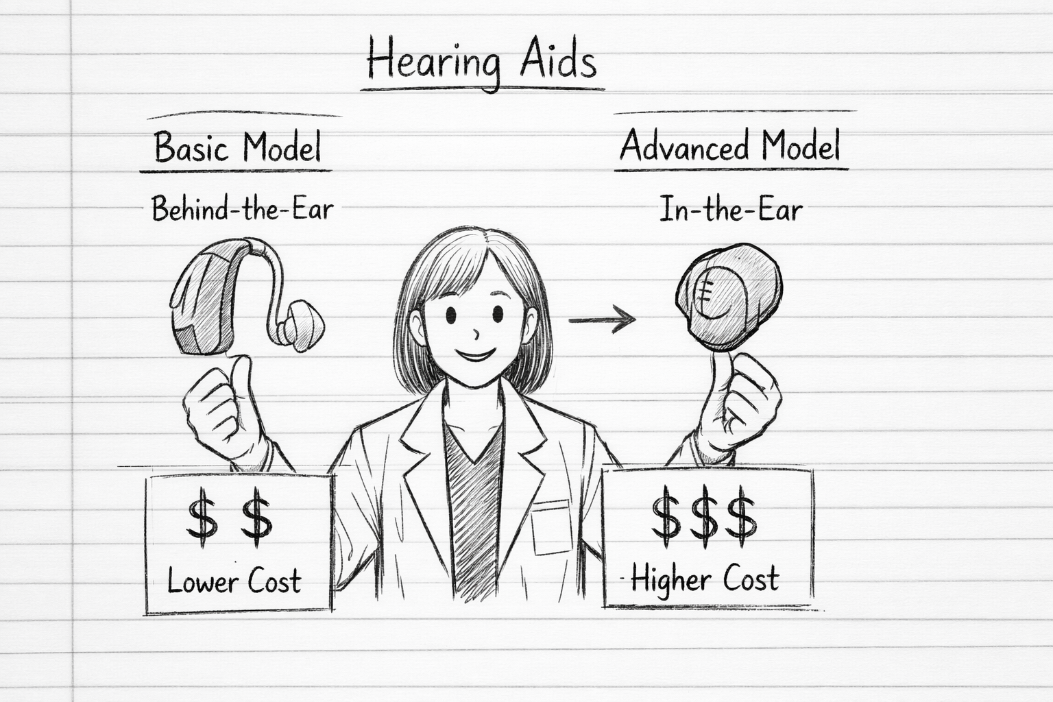 Hand-drawn sketch of an audiologist comparing two hearing aids—basic low-cost behind-the-ear and advanced higher-cost in-the-earon a notebook page.