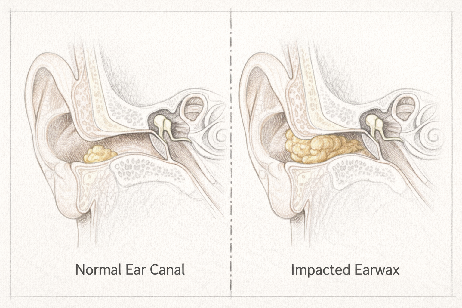 Hand-drawn diagram comparing a normal ear canal and impacted earwax blockage.
