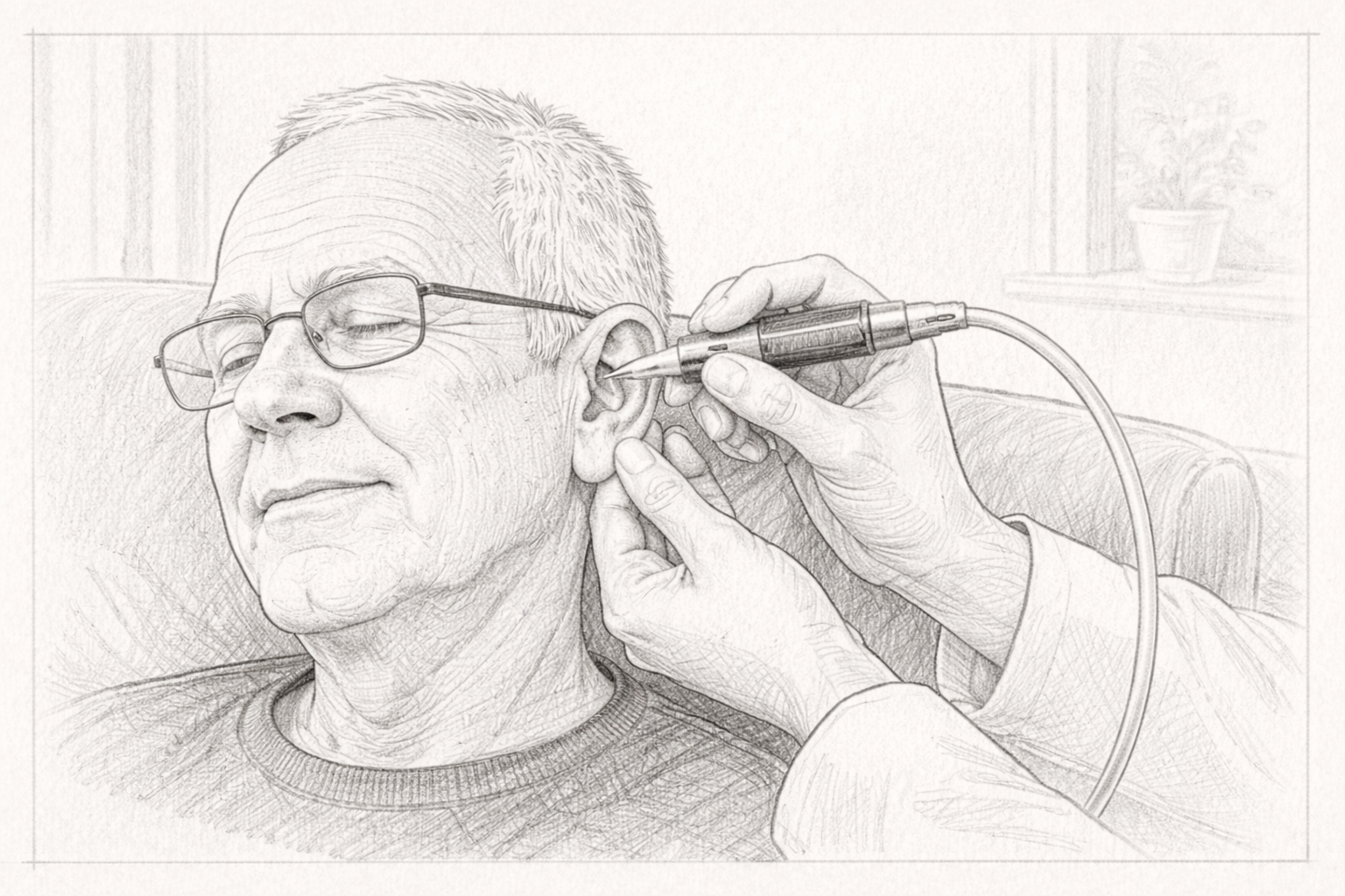 Hand-drawn sketch of a relaxed patient sitting comfortably during ear treatment at home.
