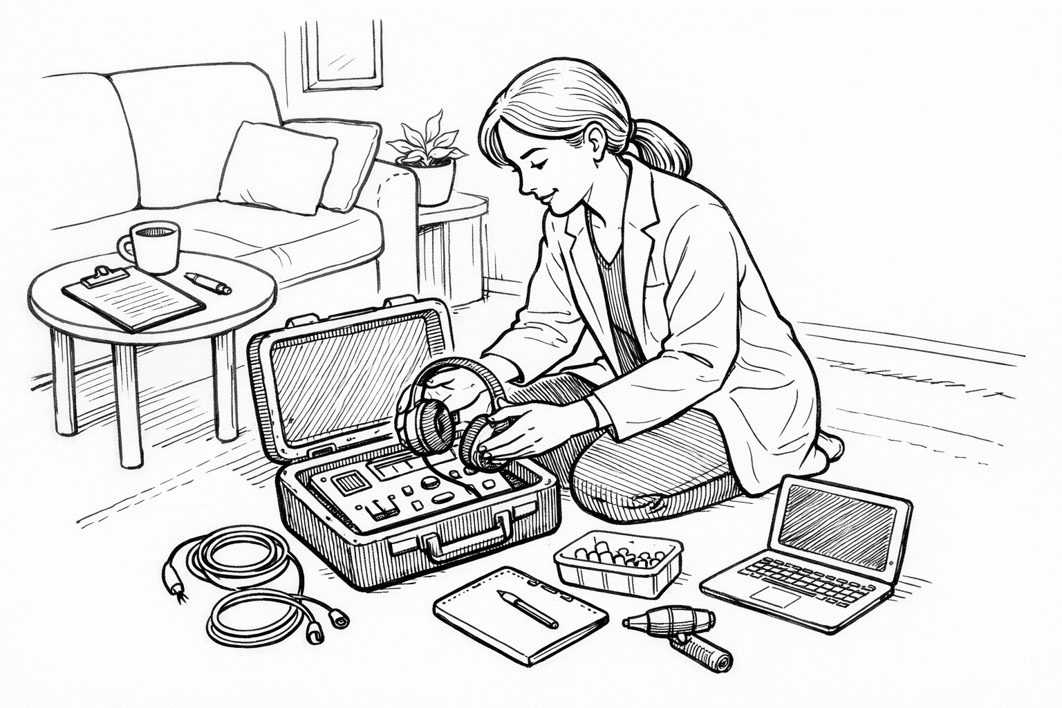 Audiologist setting up portable hearing test equipment neatly in a calm home environment.