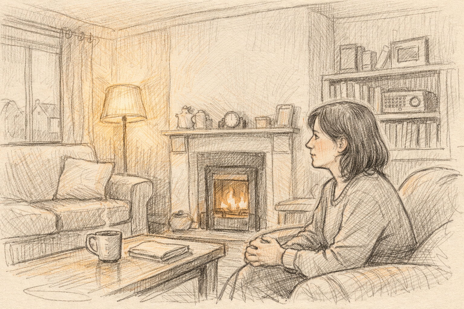 Hand-drawn cozy Coventry living room with soft lighting, a person sitting calmly and listening attentively.