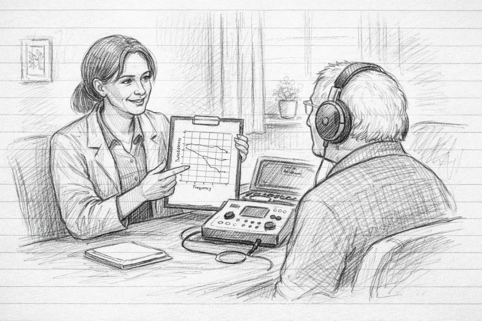 Hand-drawn sketch of an audiologist explaining hearing test results to an elderly patient using a simple chart.