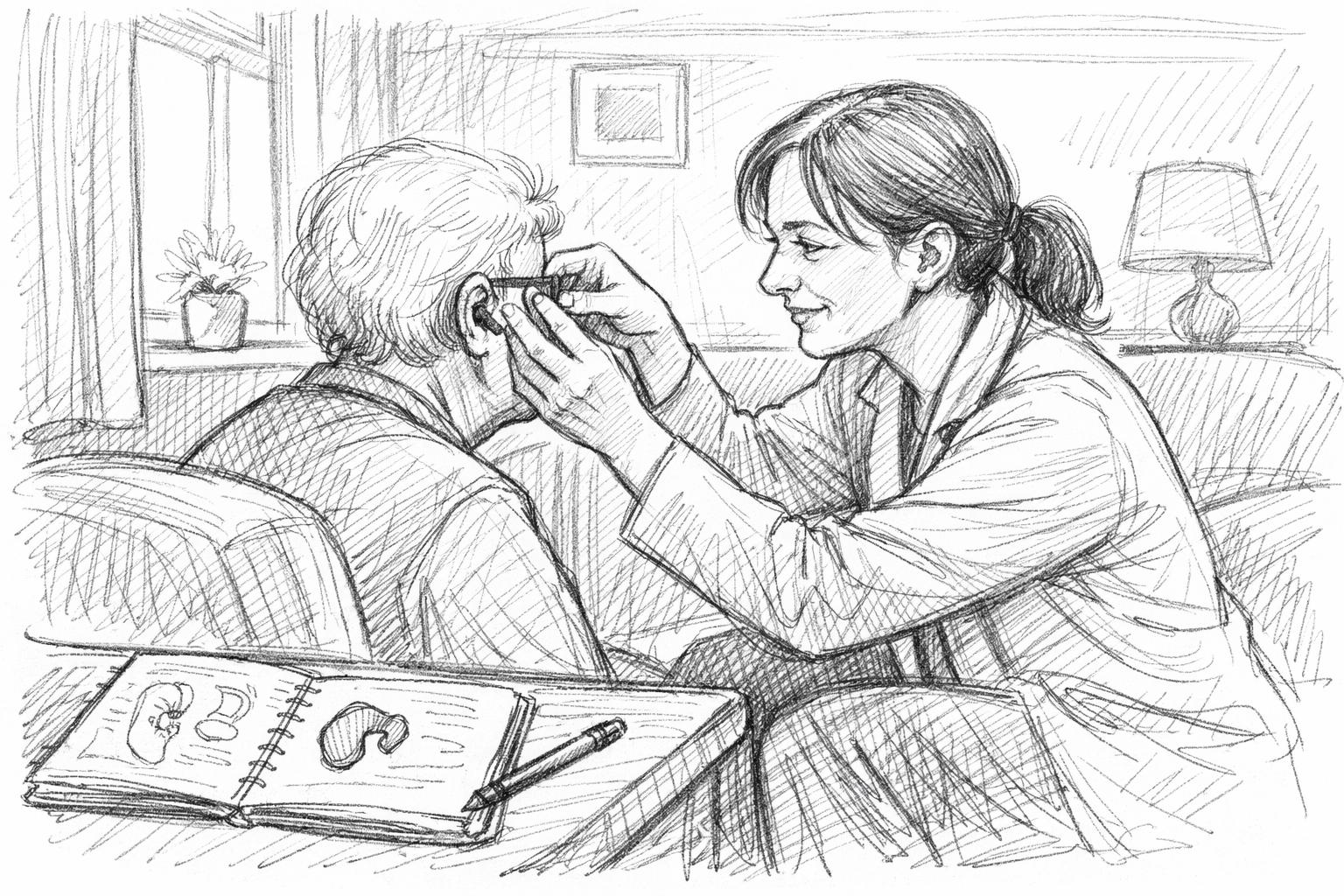 Hand-drawn sketch of an audiologist gently fitting a hearing aid for an elderly person in a softly lit living room.