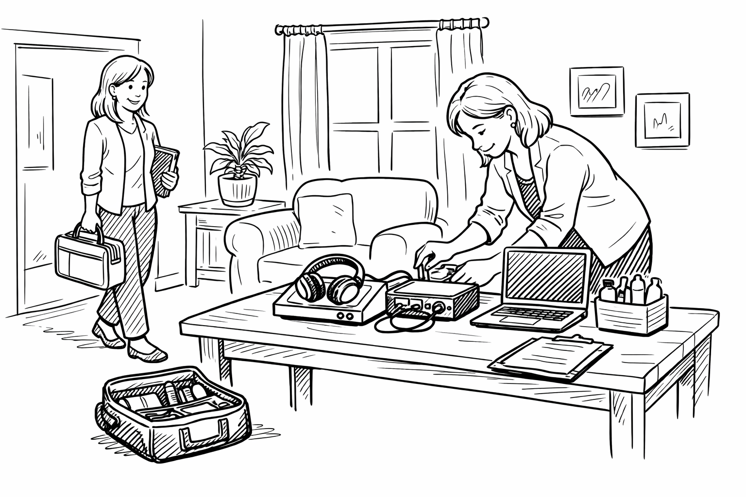 Hand-drawn illustration of an audiologist arriving at a home and setting up portable hearing test equipment neatly on a table.