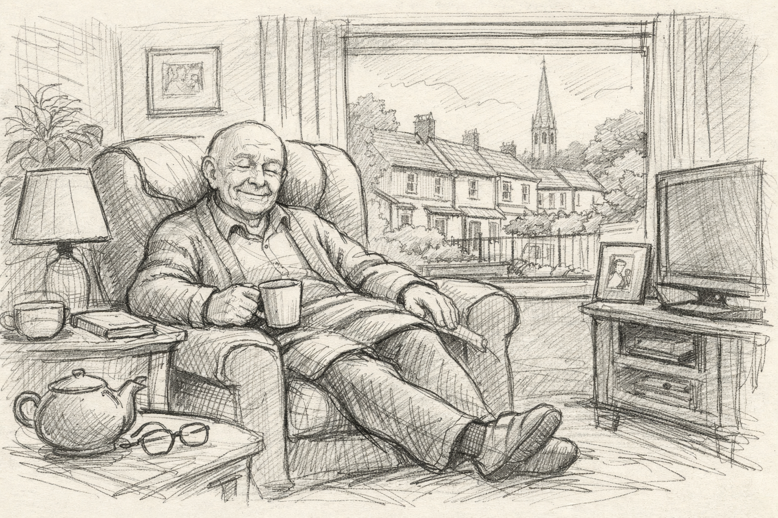 Elderly person relaxing in a cozy armchair at home, with a calm residential view outside.