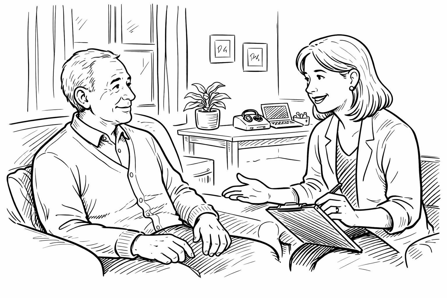 Hand-sketched illustration of a patient relaxing at home while speaking calmly with a healthcare professional in a warm, reassuring setting.
