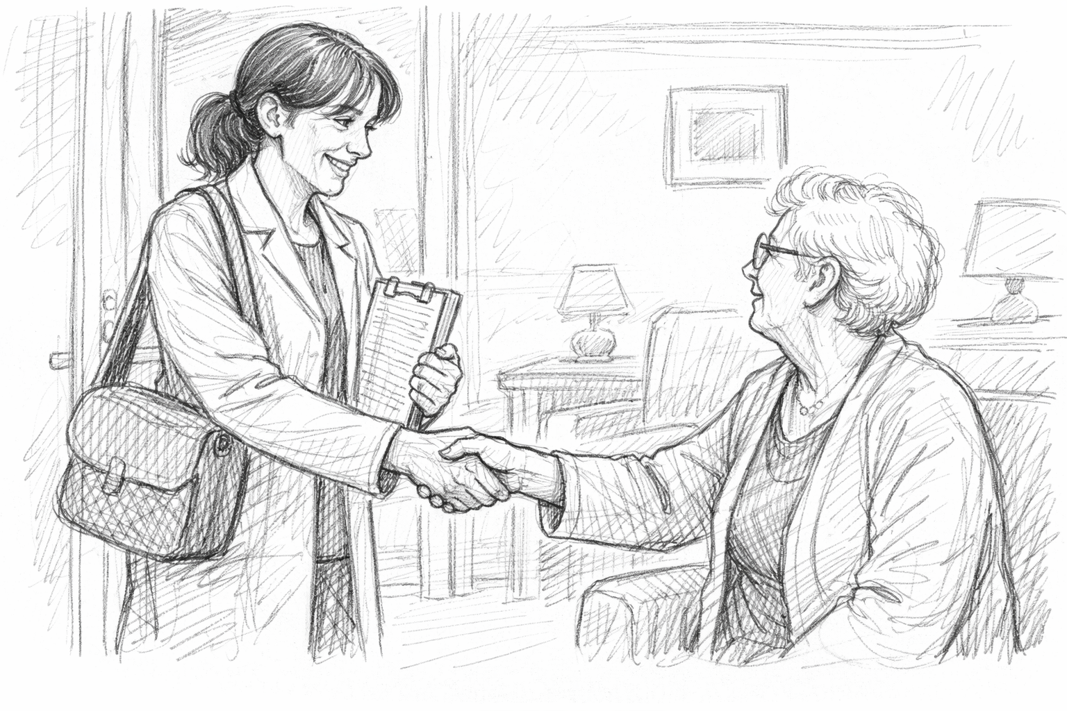 Hand-drawn sketch of an audiologist making a friendly follow-up home visit with an elderly patient.
