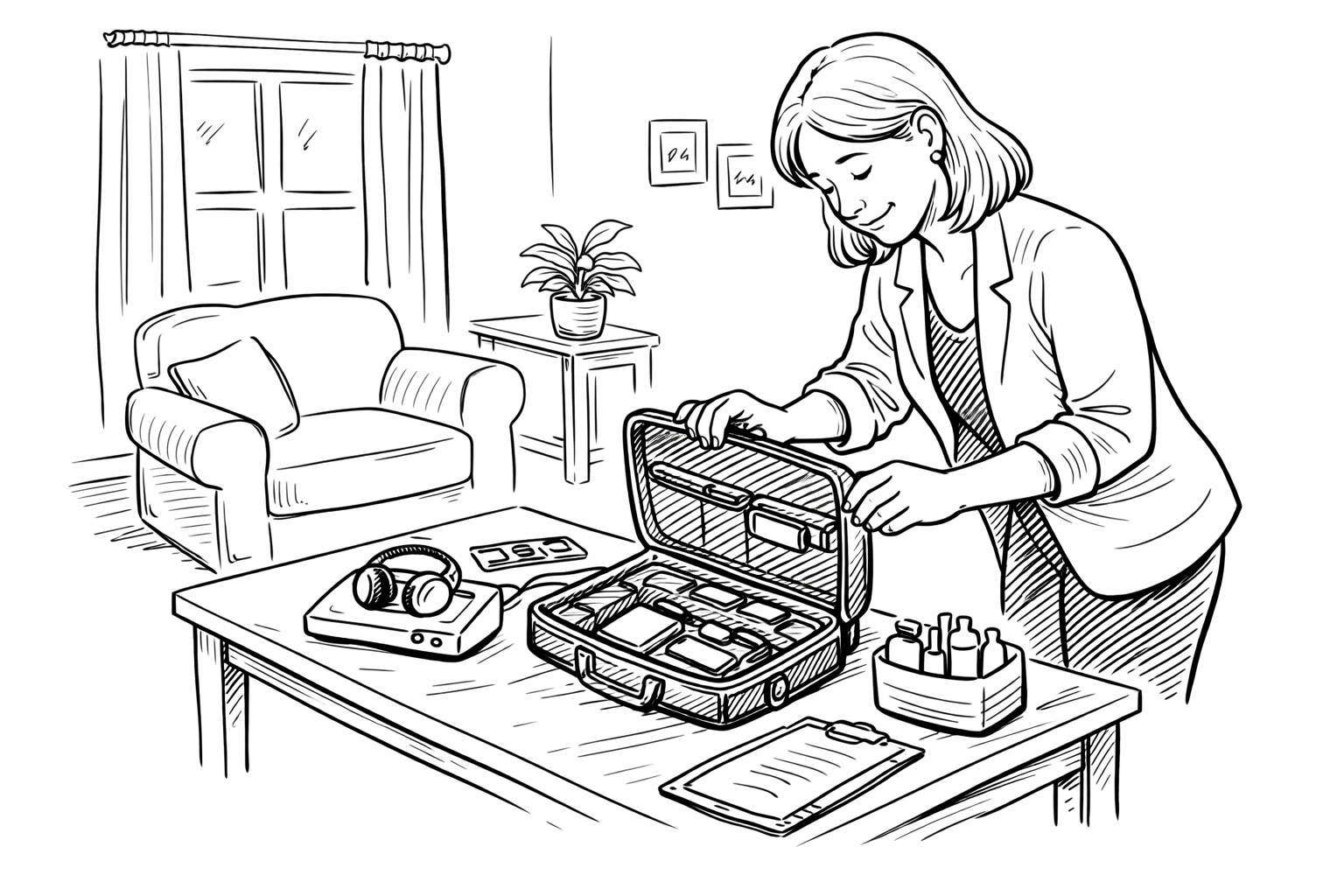 Hand-drawn illustration of an audiologist opening a compact case and neatly arranging equipment on a small table in a home setting.