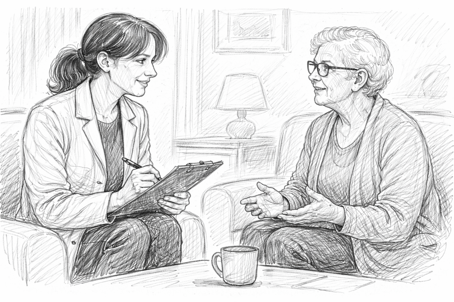 Hand-drawn sketch of a one-to-one consultation between an audiologist and an elderly patient in a quiet home.
