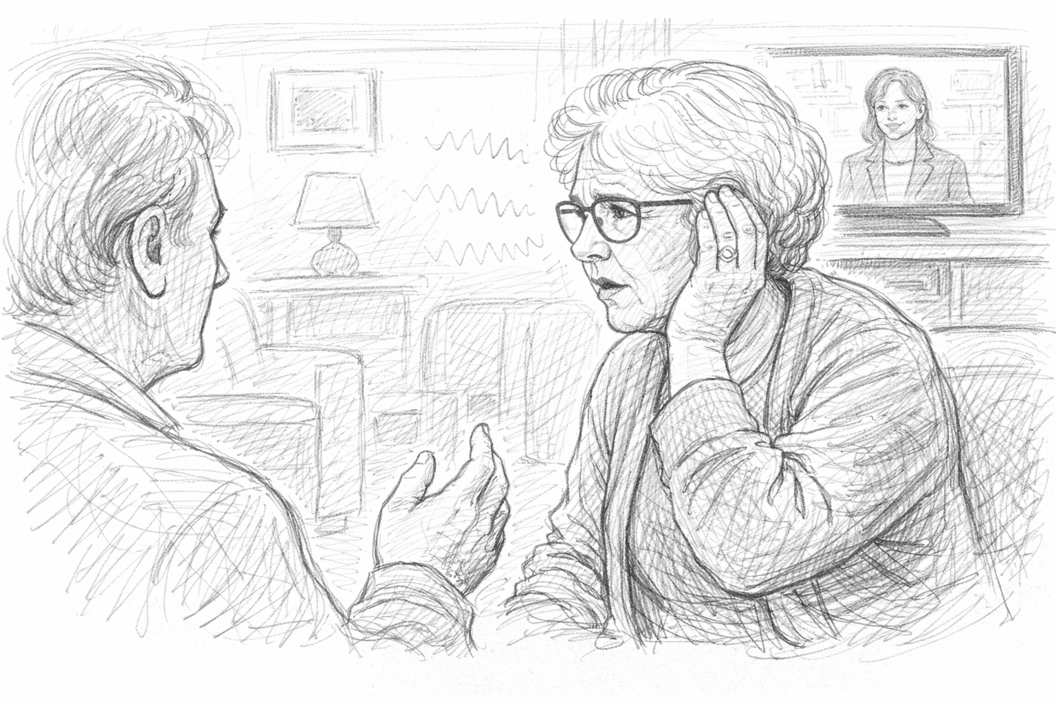 Hand-drawn sketch of a person struggling to hear while watching TV and talking in a living room.
