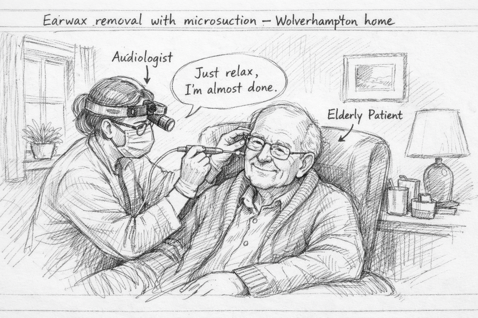 Hand-drawn sketch of an audiologist gently performing earwax removal on an elderly patient seated at home, calm and reassuring setting.