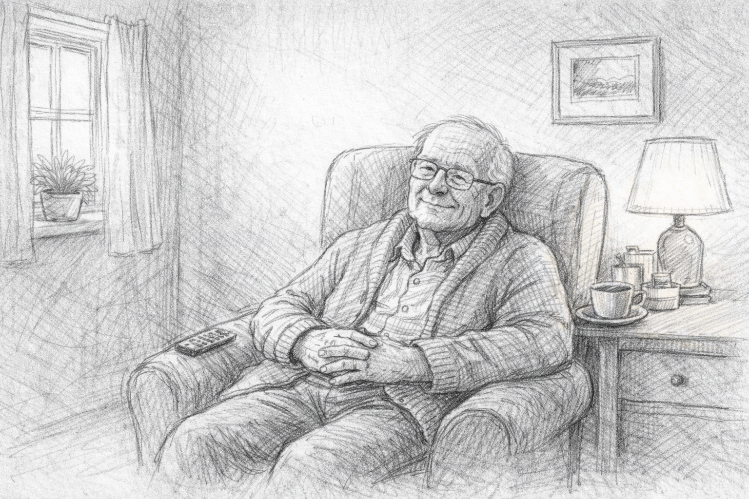 Hand-drawn sketch of an elderly person relaxing in a cozy living room with soft lighting.