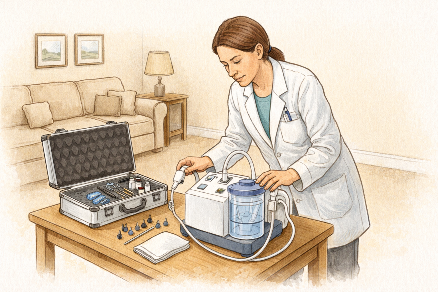 Hand-sketched audiologist arranging portable ear care equipment on a small table in a home setting.