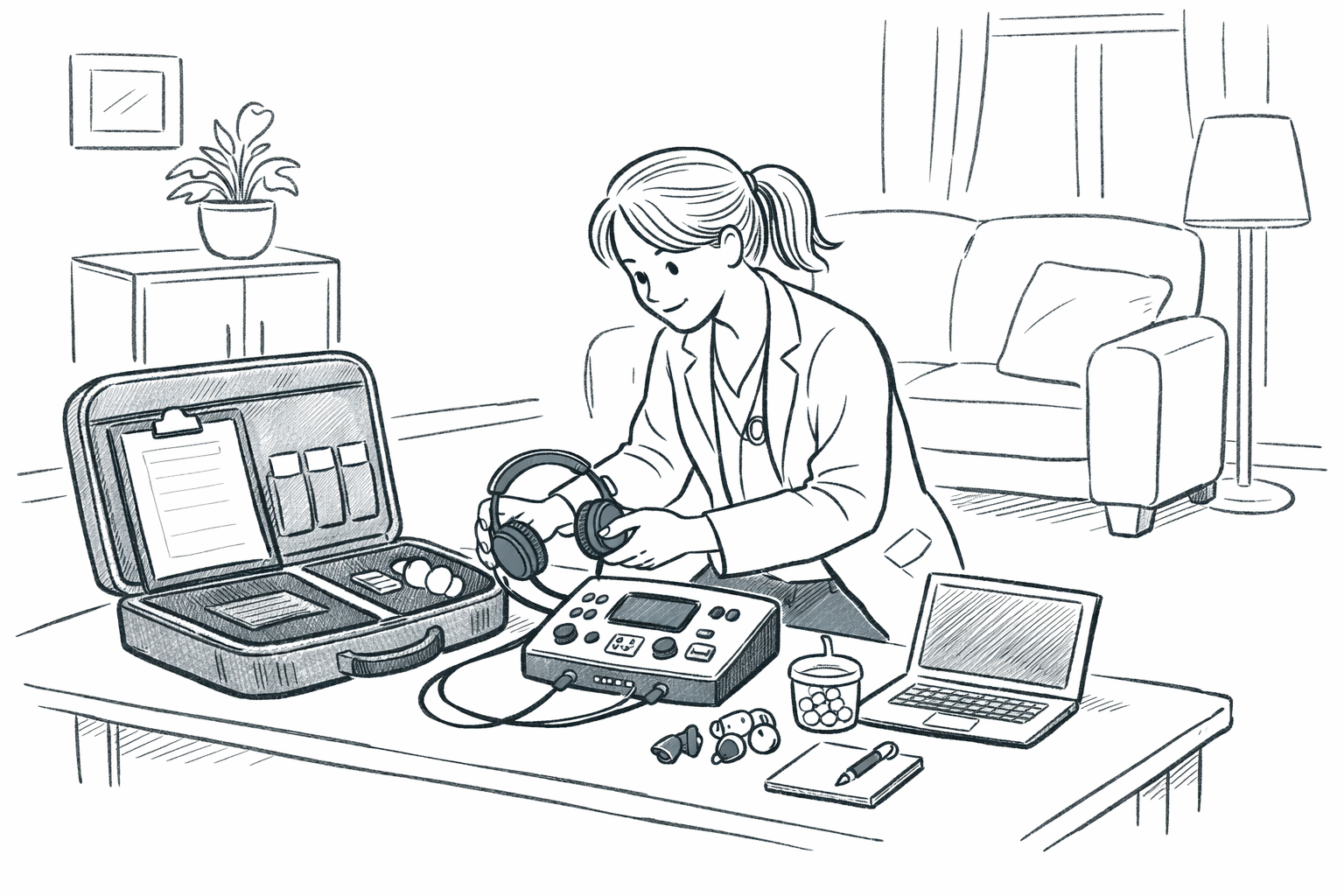Hand-drawn audiologist setting up portable hearing test equipment neatly on a table in a calm home setting.