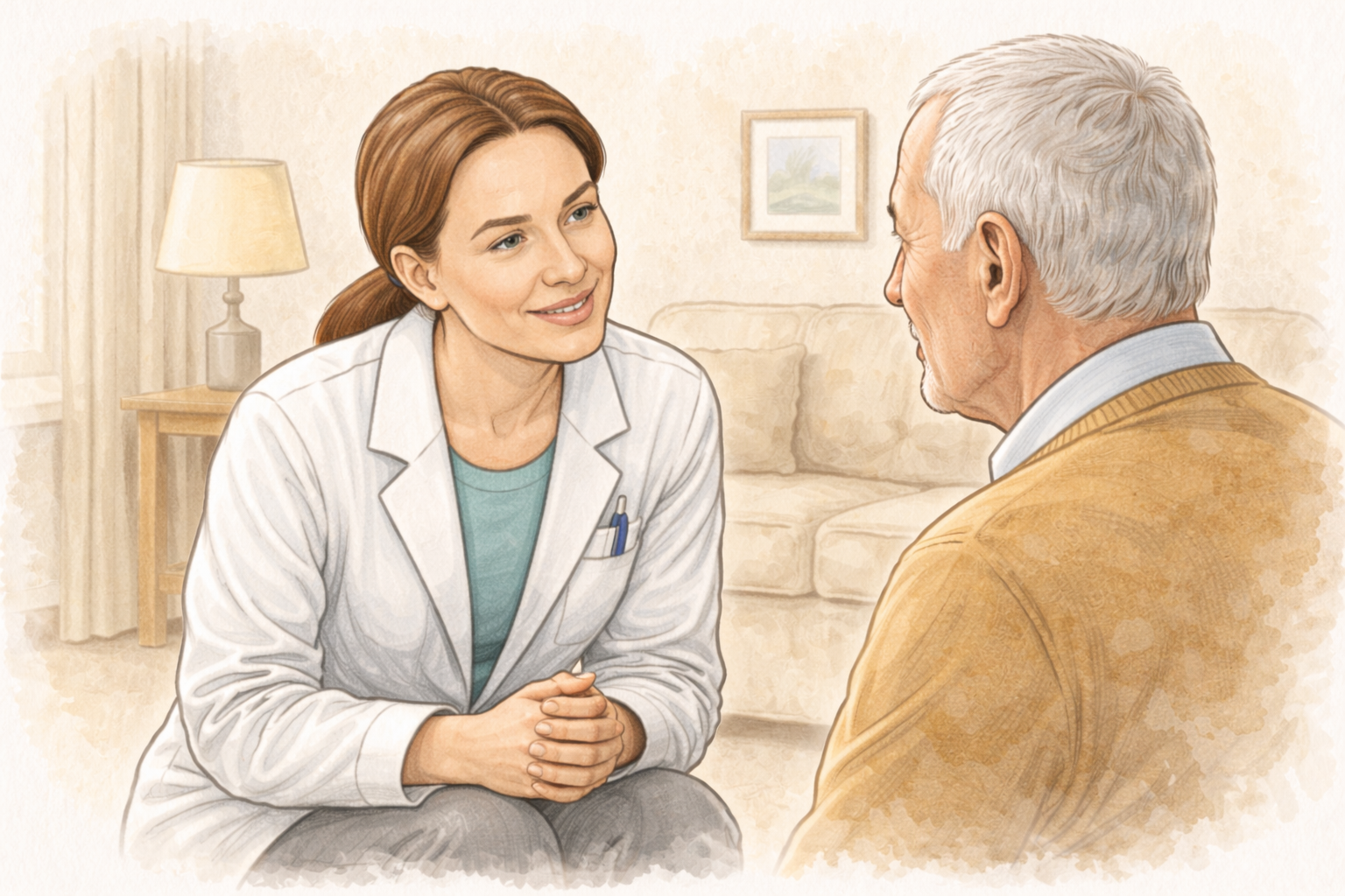 Hand-sketched audiologist speaking calmly at eye level with a patient, showing reassuring body language.