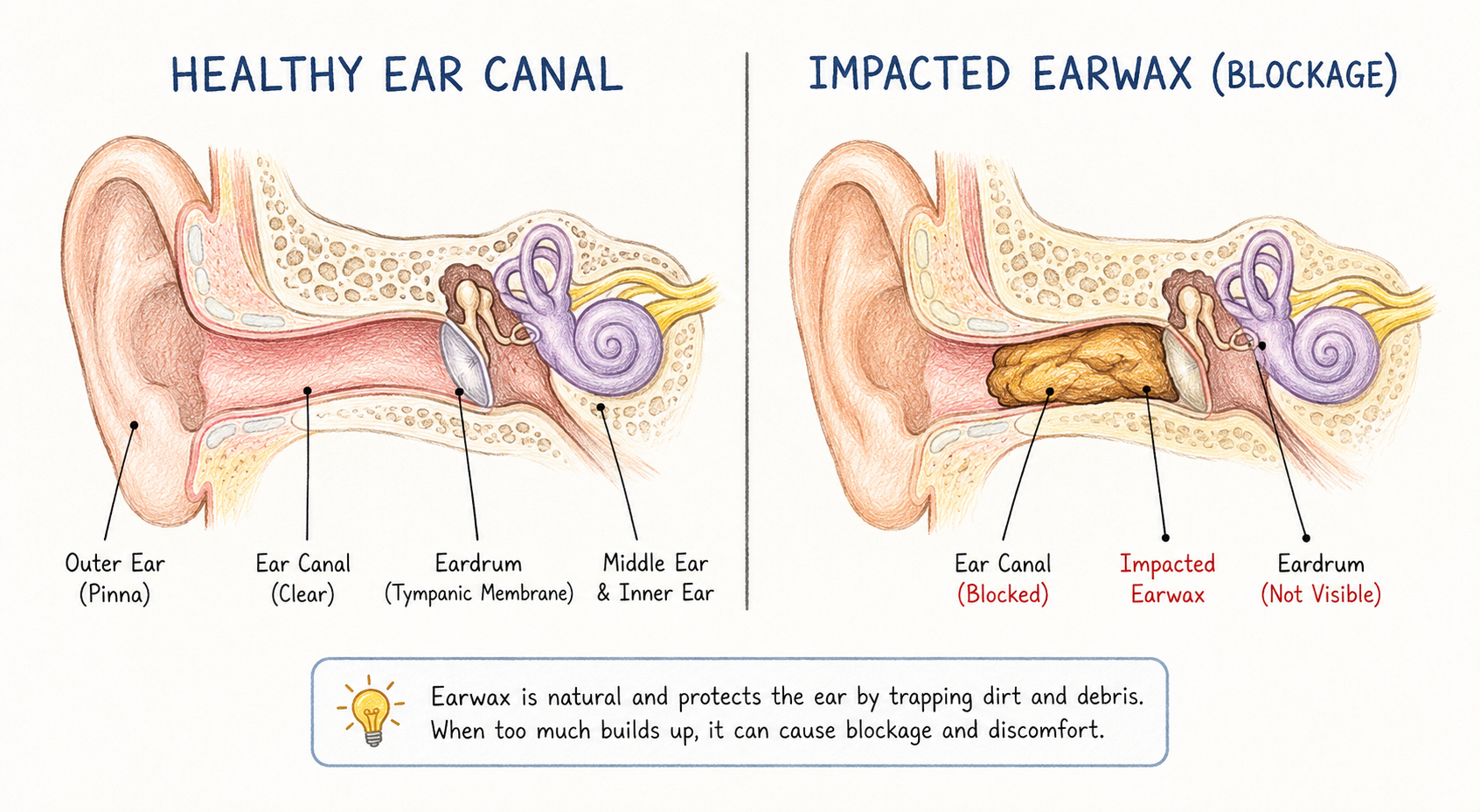 Hand-drawn educational illustration comparing a healthy ear canal and impacted earwax blockage, showing clear ear anatomy beside blocked ear canal with wax buildup, labeled medical diagram in soft pencil sketch style.