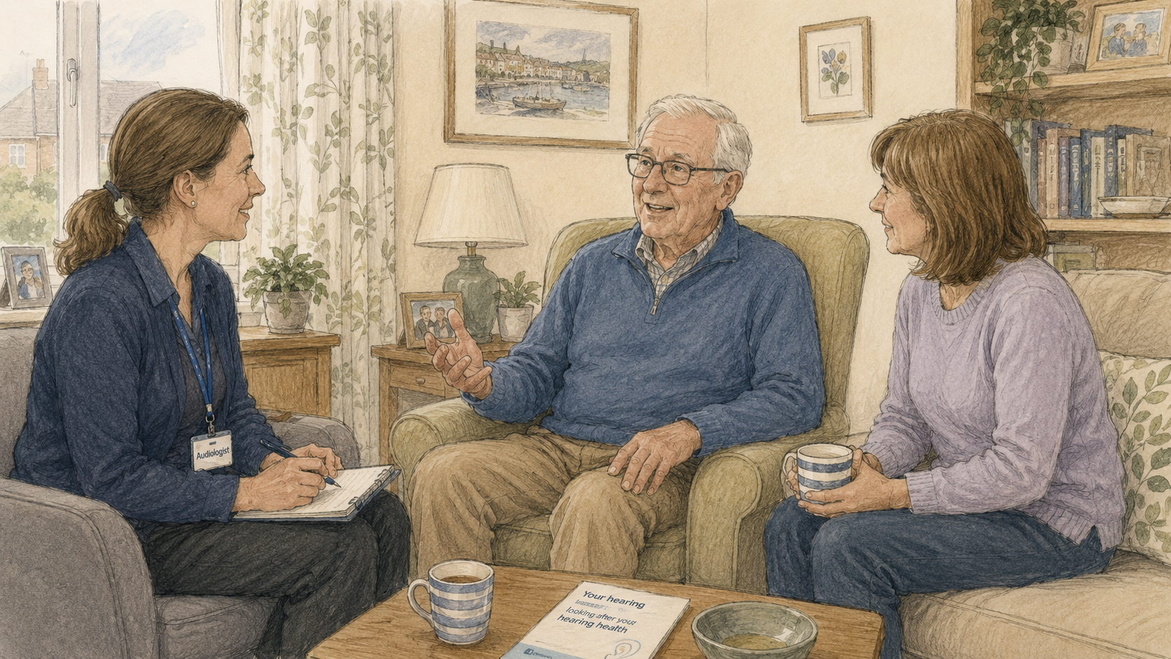 Older man speaking with an audiologist in a cosy living room while a family member listens nearby.