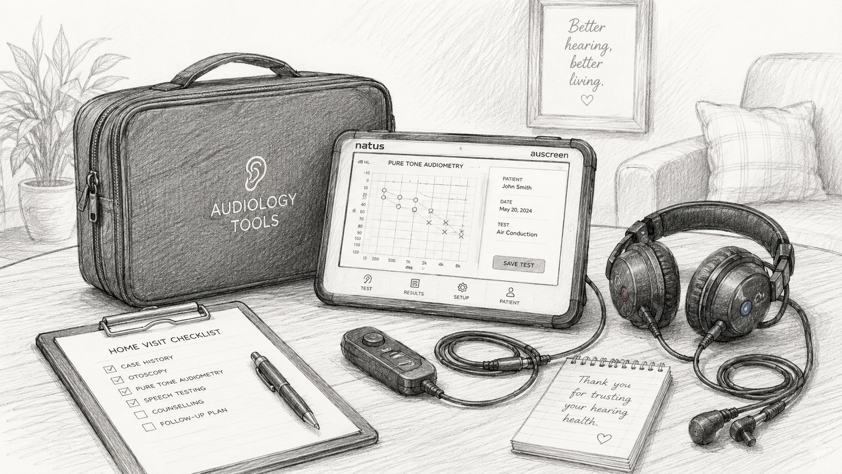 Hand-sketched portable audiology equipment arranged neatly on a table during a home hearing visit.