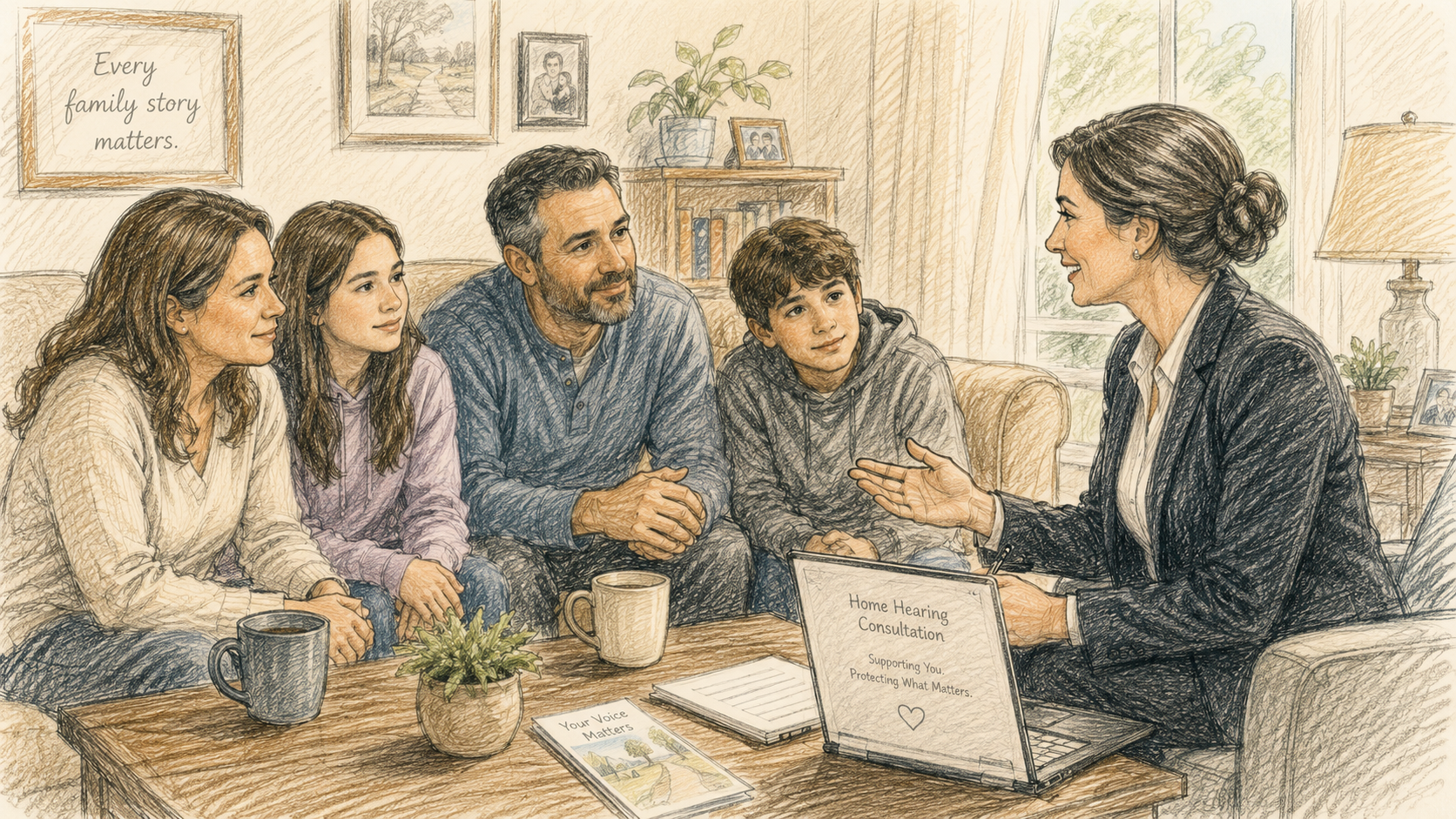 Hand-sketched family listening attentively during a warm and supportive home hearing consultation in a cozy living room.