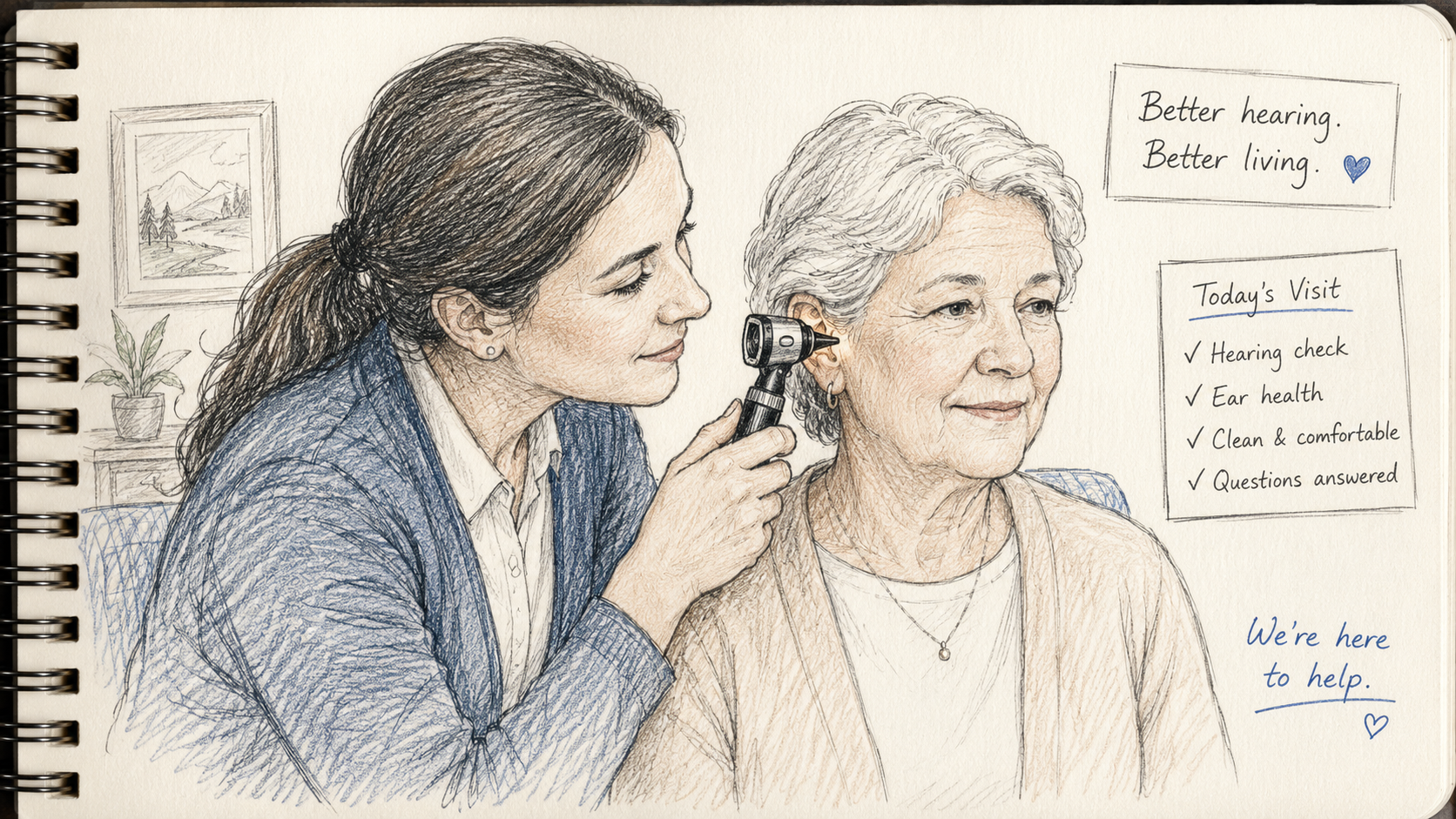 Hand-drawn sketch of an audiologist examining a patient’s ear with an otoscope during a calm home hearing appointment.