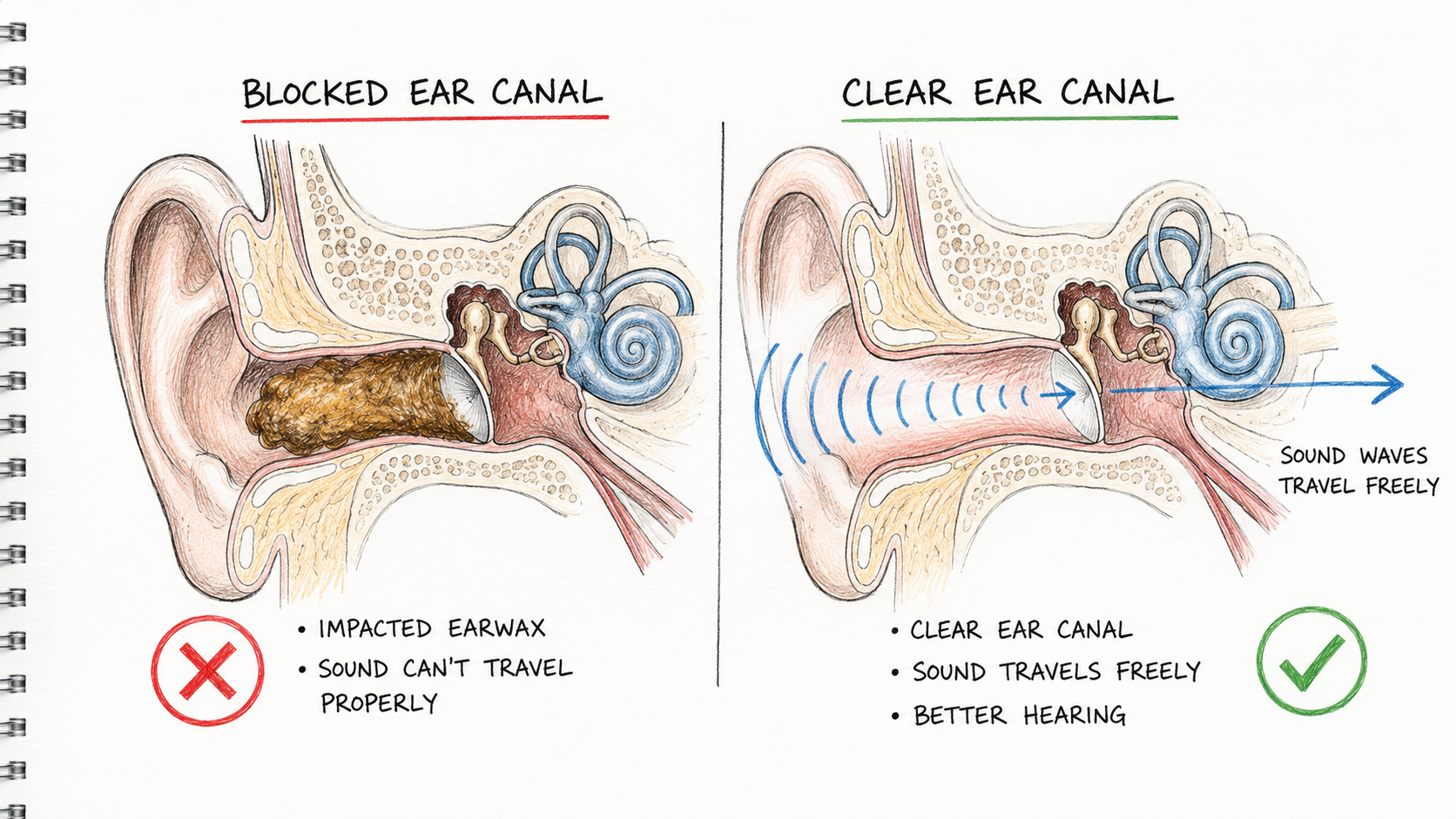 Hand-drawn comparison of an ear canal blocked by impacted earwax and a clear ear canal after professional microsuction, showing sound waves travelling freely through the cleaned ear.