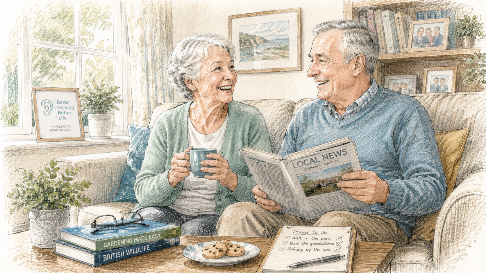 Older couple happily talking, reading and enjoying everyday life at home after professional hearing care.