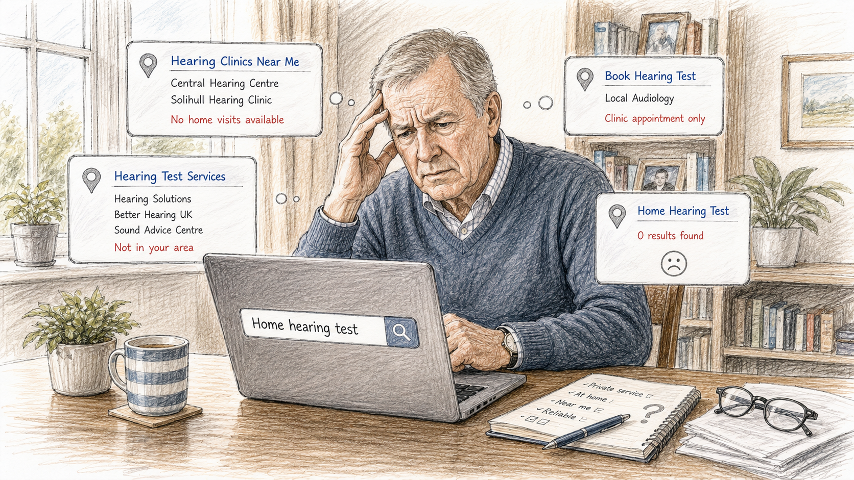 Hand-drawn illustration of an older adult looking frustrated while searching online for a home hearing test on a laptop in a comfortable home office.