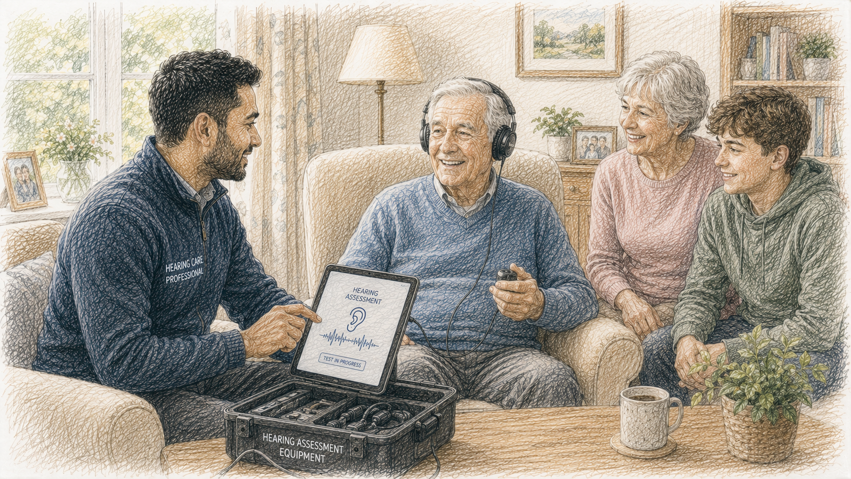 Older adult having a home hearing test while family members watch and an audiologist carries out the assessment.