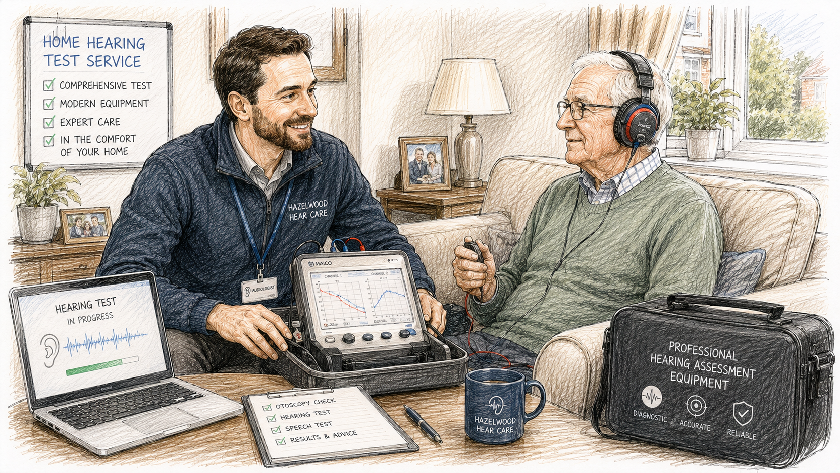 Hand-drawn illustration of an audiologist performing a home hearing test with portable equipment while an older adult wears headphones in a comfortable living room.