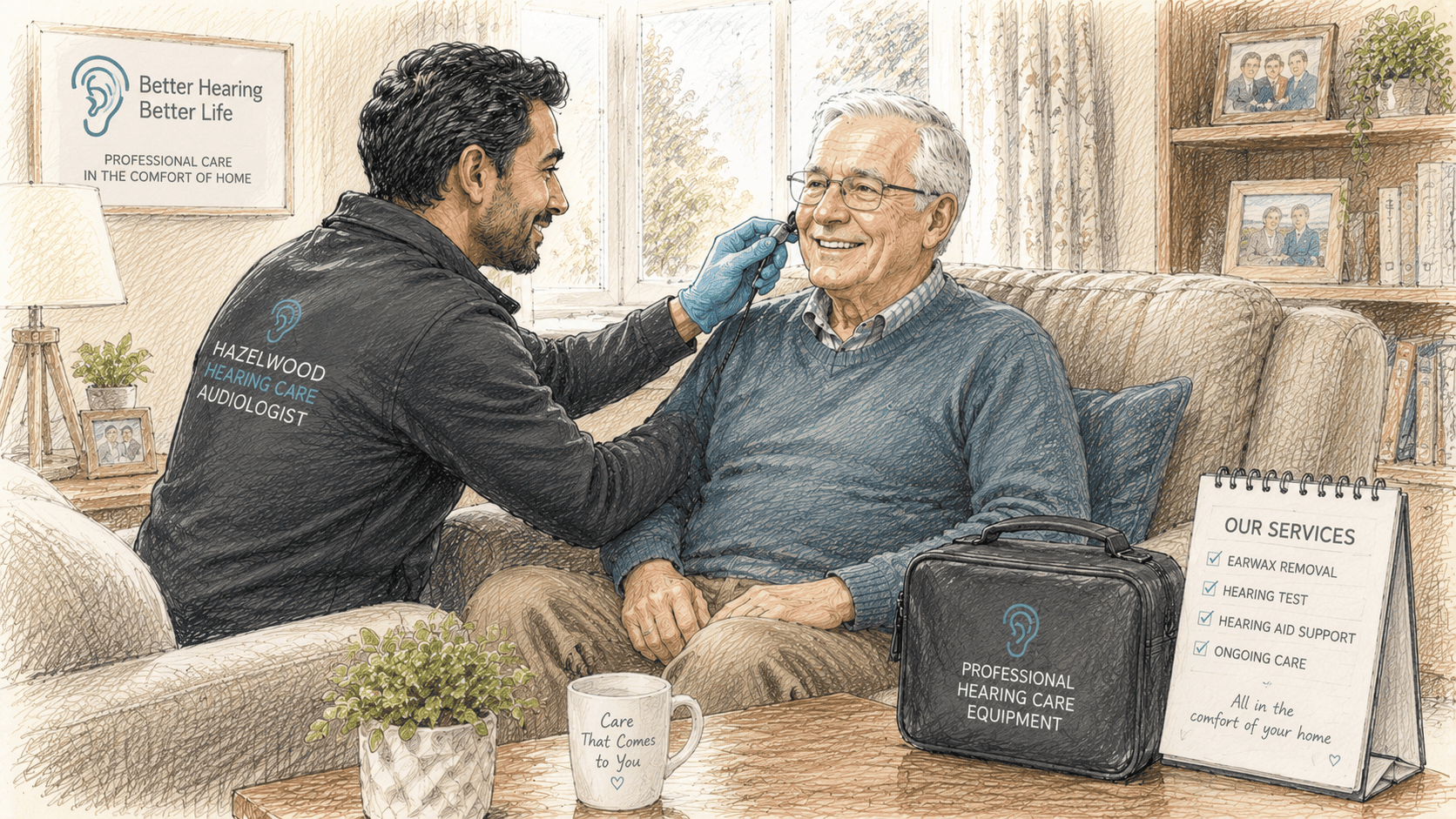 Older adult receiving professional hearing care at home from an audiologist in a comfortable living room, avoiding the need to travel.