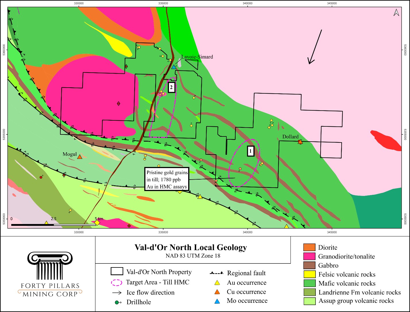 Val-d'Or North local geology map showing Target 1 (Dollard) and Target 2 (Lavoie-Simard)