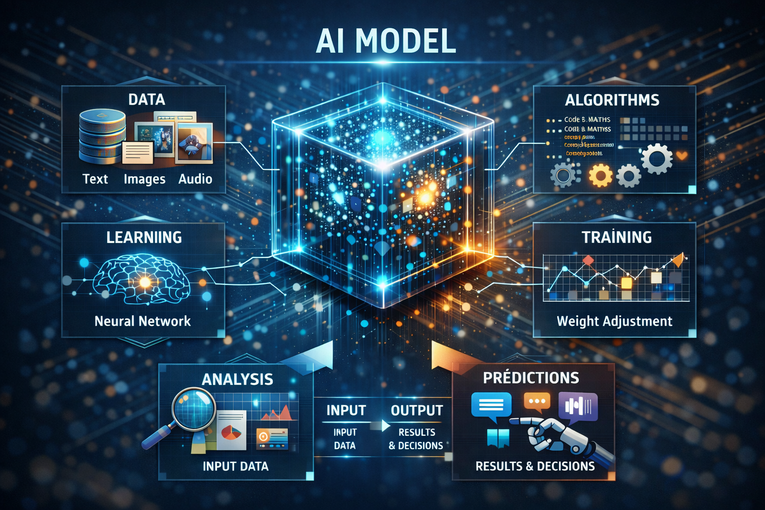 Diagram of AI model process showing data input (text, images, audio), algorithms, learning with neural network, training with weight adjustment, analysis of input data, and predictions for results and decisions.