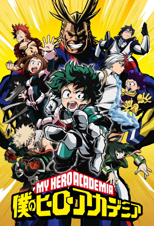 My Hero Academia anime characters including Deku, All Might, Todoroki, Bakugo, Uraraka, Tsuyu, Kirishima, and others in dynamic action poses with yellow background.