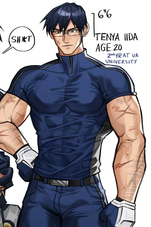 Illustration of a muscular young man with short black hair and glasses, wearing a tight navy blue and gray athletic outfit, labeled as Tenya Iida, age 20, height 6'6".
